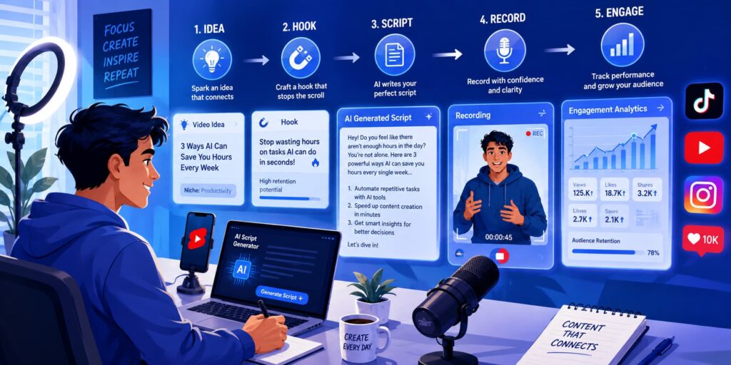 Content creator using AI to build TikTok and YouTube Shorts scripts with a smartphone, laptop, and visual planning workflow.