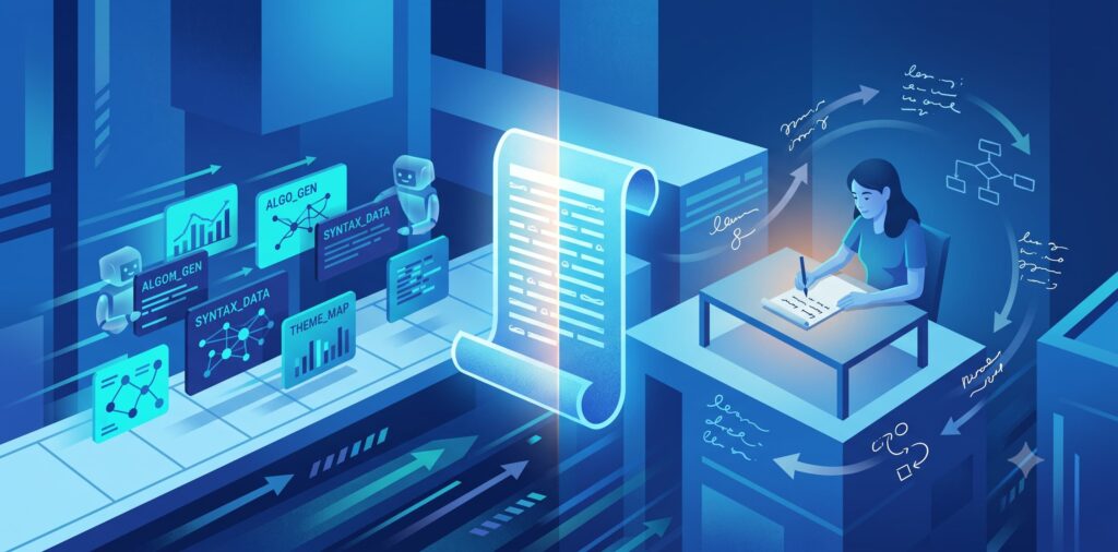 A balanced split scene compares AI-assisted script generation on one side with a creator writing a short video script manually on the other.