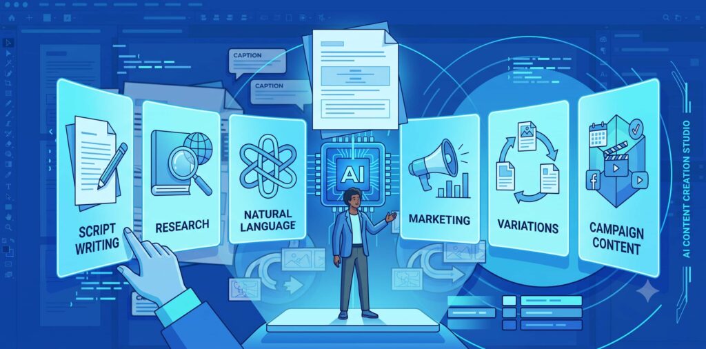A creator compares several abstract AI tool panels for research, writing, storytelling, marketing, and quick script generation