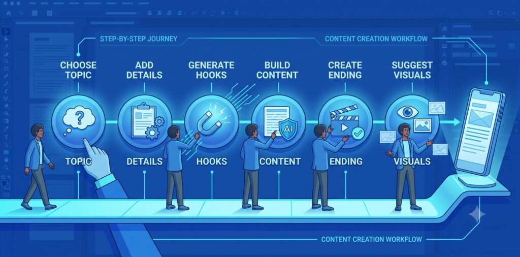 A creator follows a clear AI workflow from choosing a topic to generating hooks, adding content, visuals, and a final CTA.