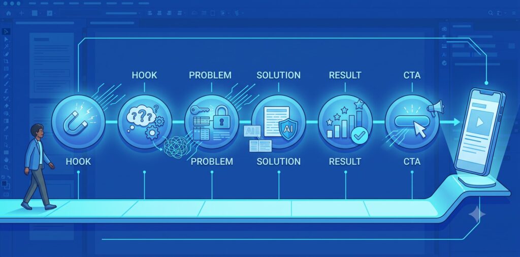 A five-stage short video script template shows the journey from hook to problem, solution, result, and final CTA.